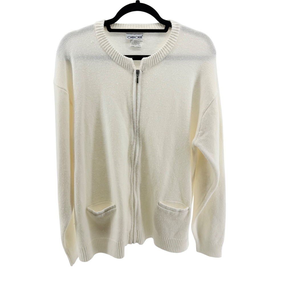 Vintage Cherokee Cream Knit Zip Front Cardigan‎ Sweater with Pockets Casual